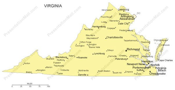 Virginia PowerPoint Map Major Cities