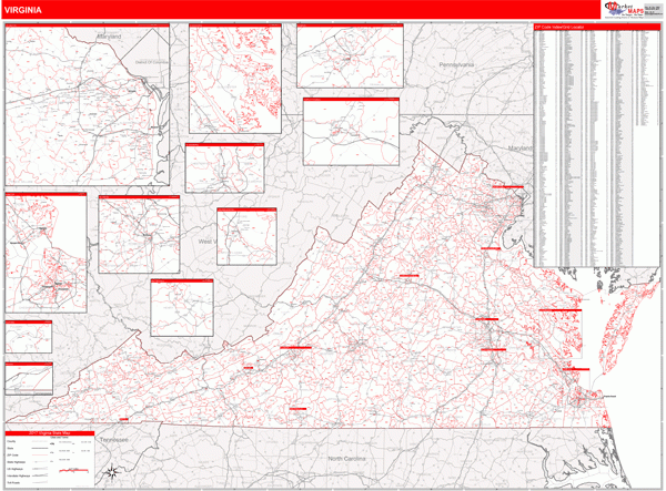 Virginia Zip Code Wall Map Red Line Style By MarketMAPS