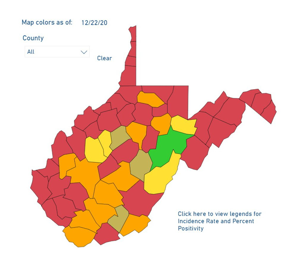 W Va COVID County Alert Map 36 Counties In The red 