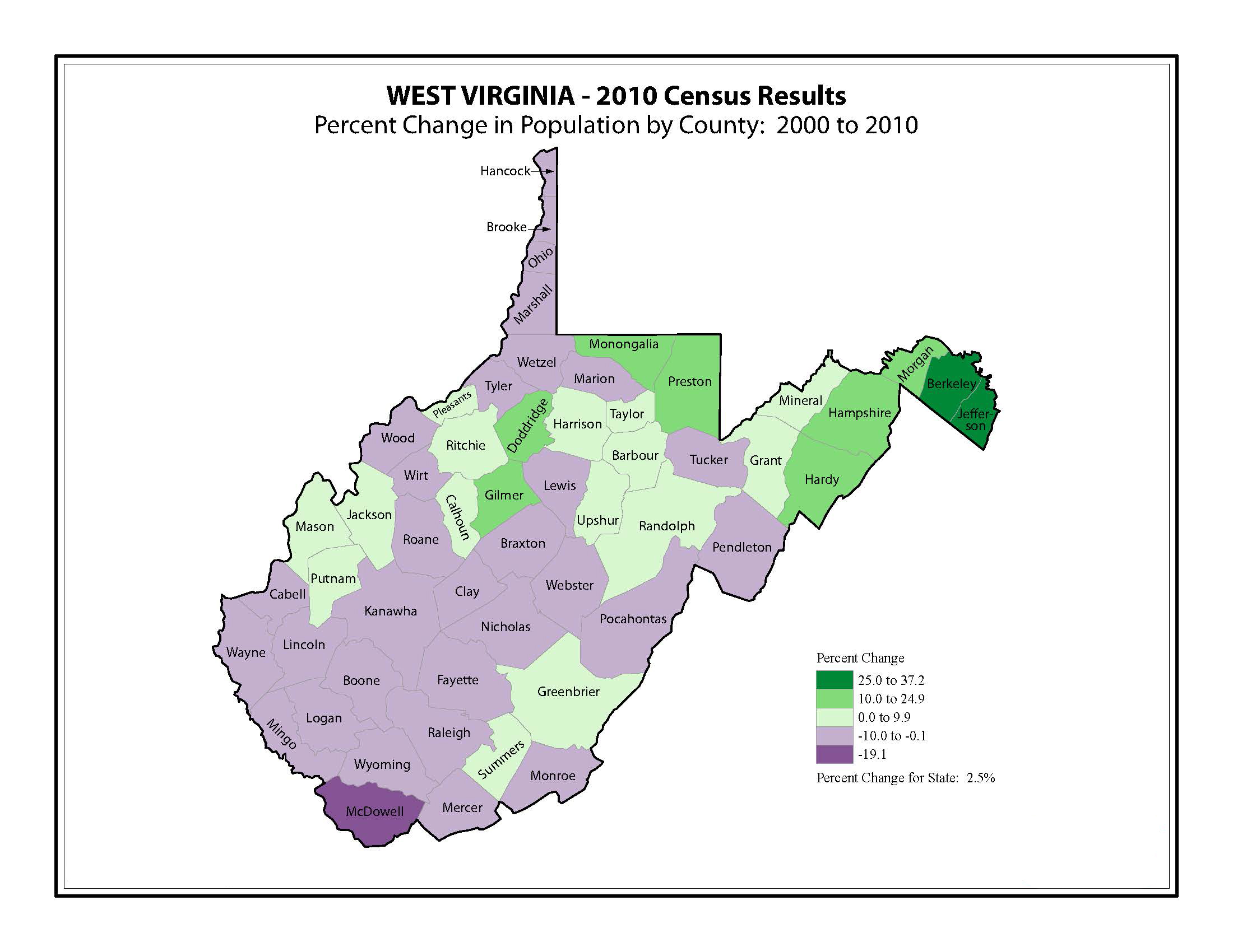 West Virginia County Change Map 2000 To 2010 Census 12 Inch By 18 