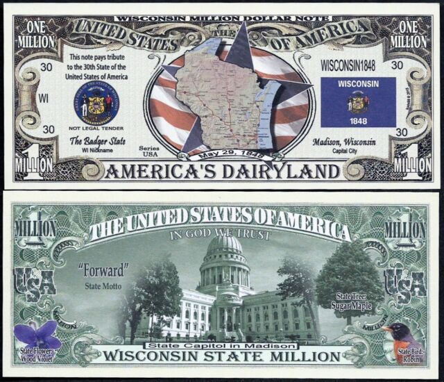 WISCONSIN STATE MILLION DOLLAR W MAP SEAL FLAG CAPITOL Lot Of 2 