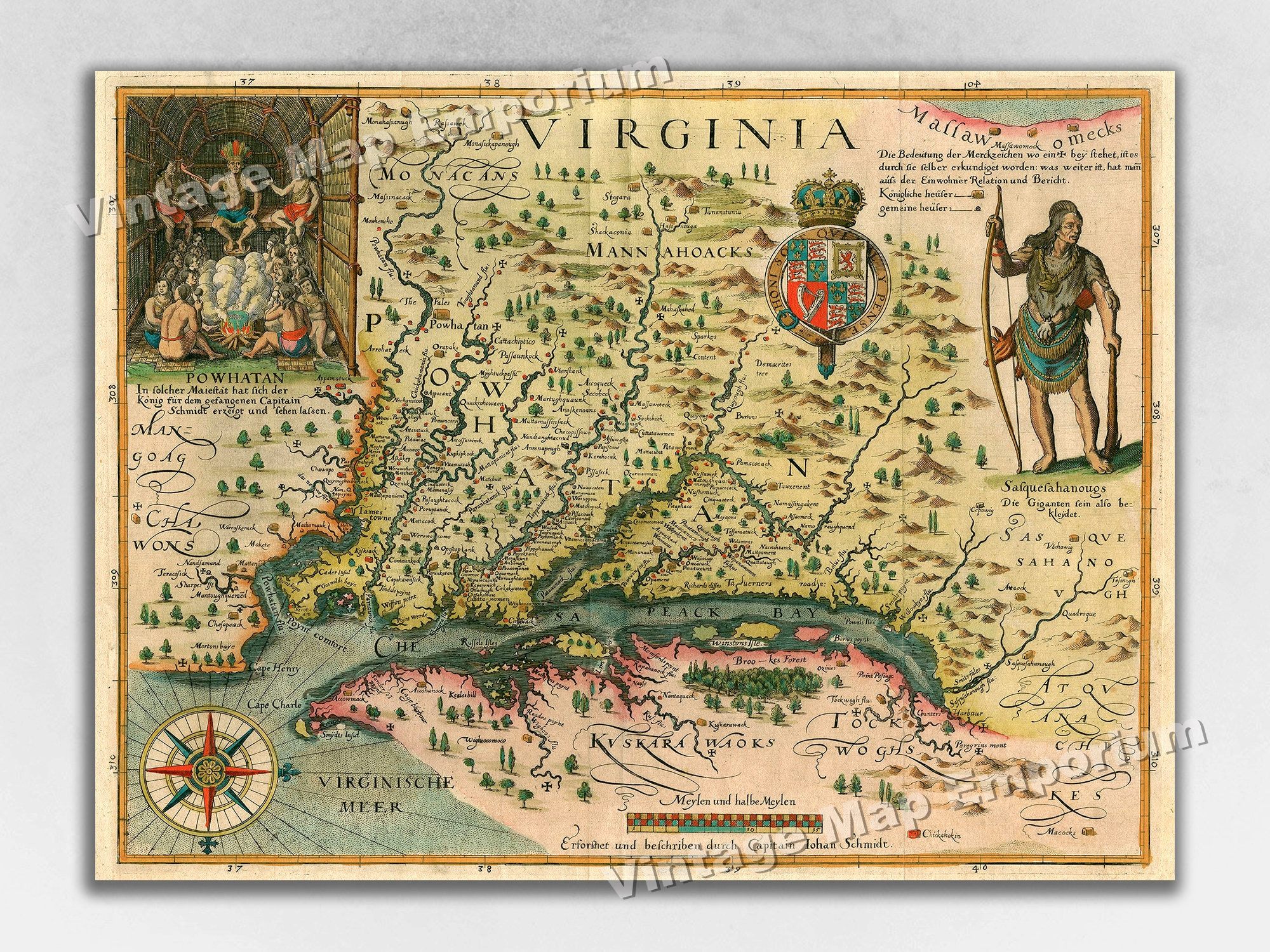 1627 Map Of Virginiajohn Smith Historic Vintage Style Wall Map with regard to Map Of The Virginia Colony