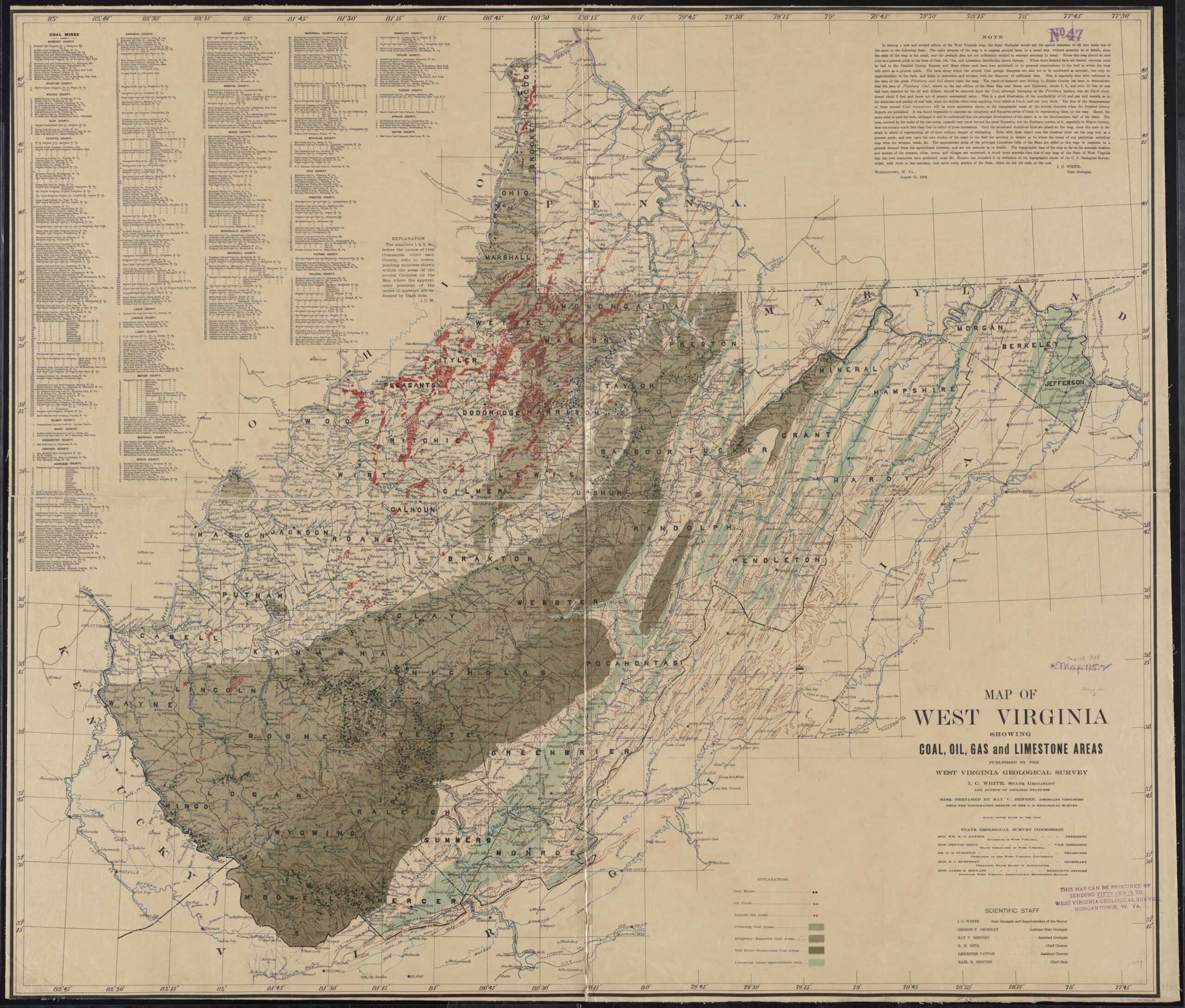 A 1908 West Virginia Map Showing Coal And Natural Gas Deposits pertaining to West Virginia Coal Mines Map