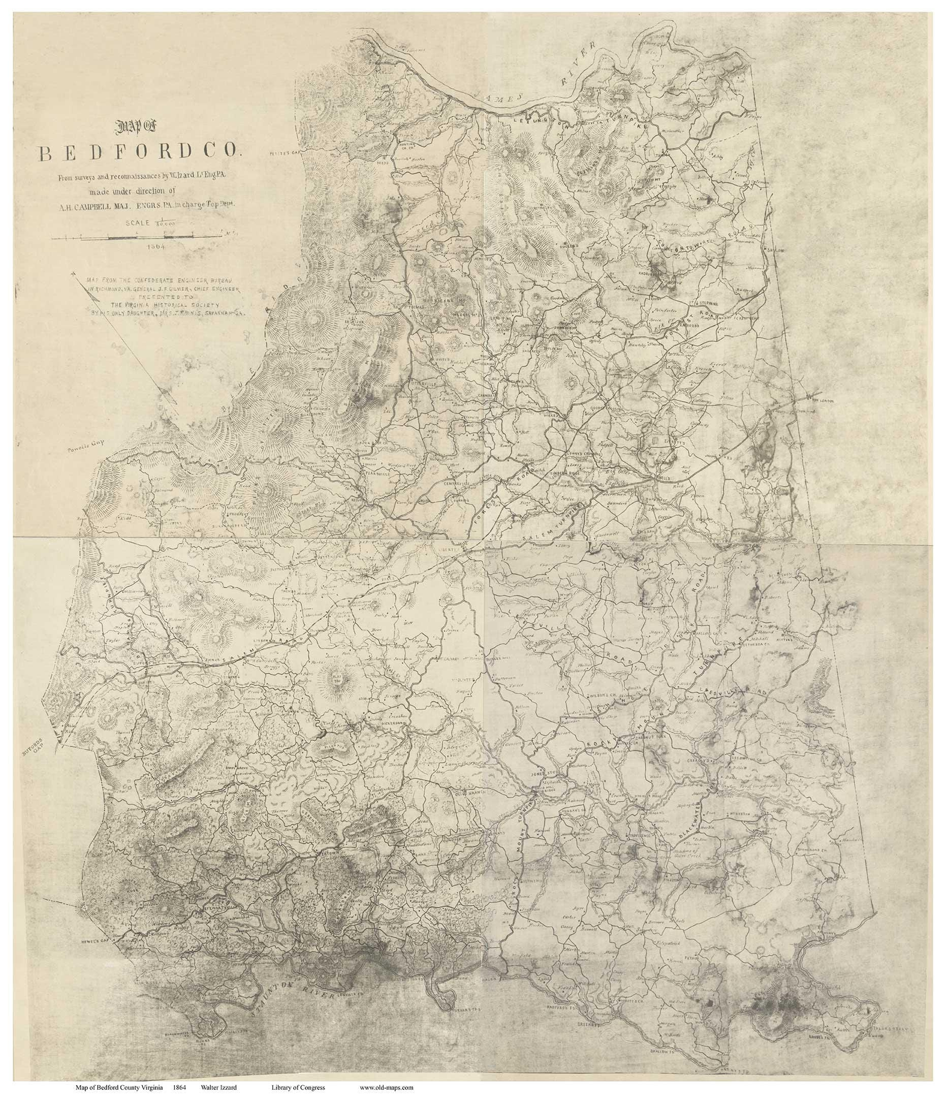 Bedford County Virginia 1864 - Old Wall Map With Homeowners Names for Map Of Bedford County Virginia