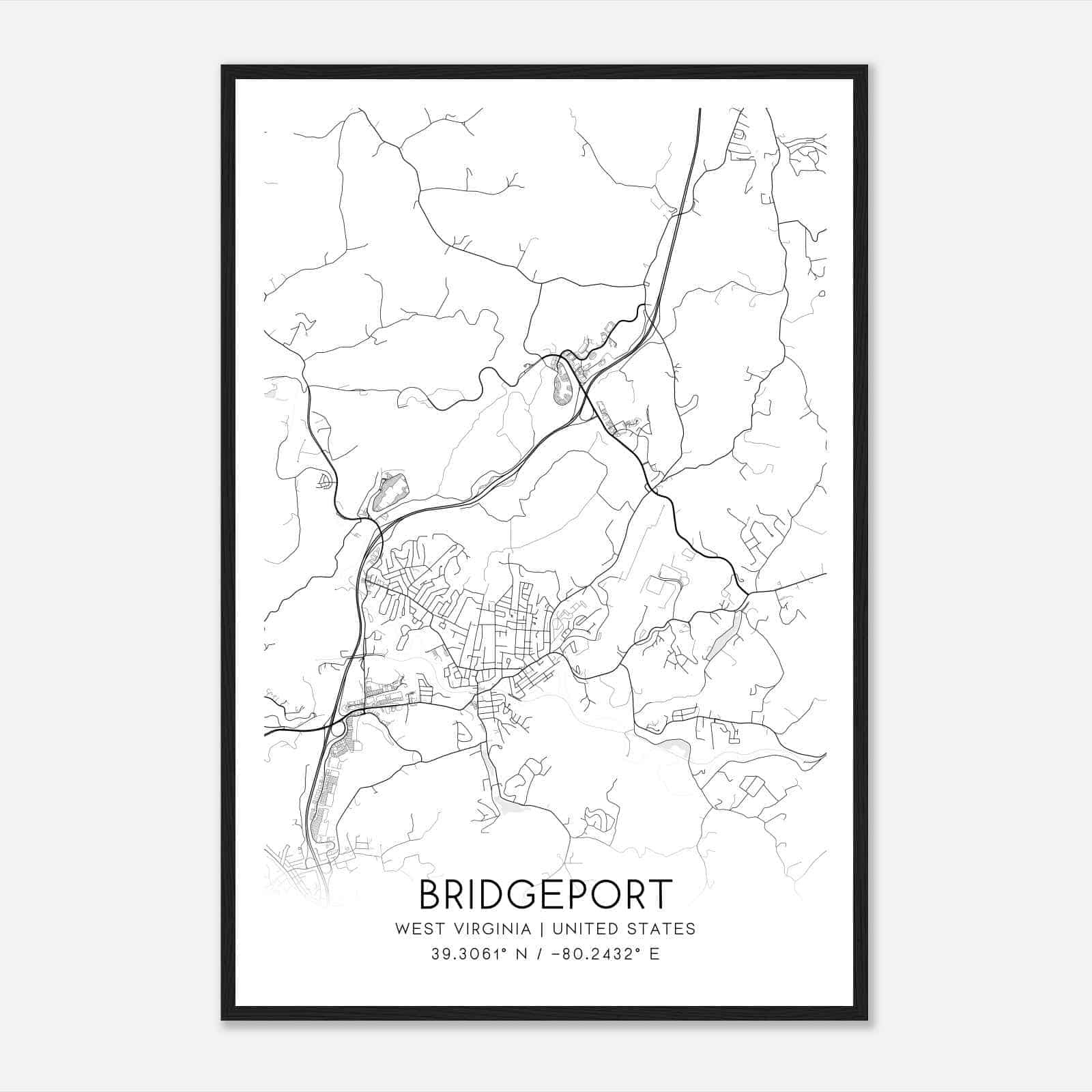 Bridgeport West Virginia Map Poster, Modern Home Decor Wall Art Print - Custom Maps &amp;amp; Posters in Map of Bridgeport West Virginia