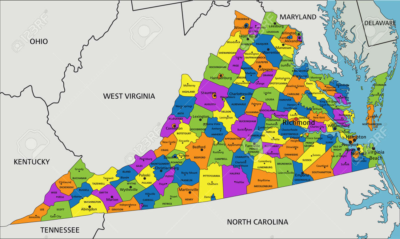 Colorido Mapa Político De Virginia Con Capas Claramente throughout Mapa Del Estado De Virginia