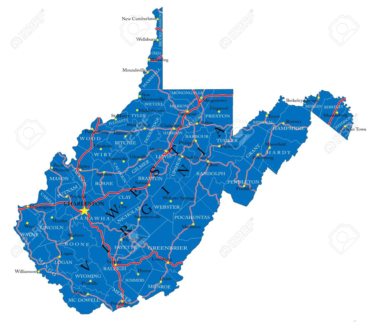 Detaillierte Karte Des Bundesstaates West Virginia Im Vektorformat regarding West Virginia Map With Cities And Counties