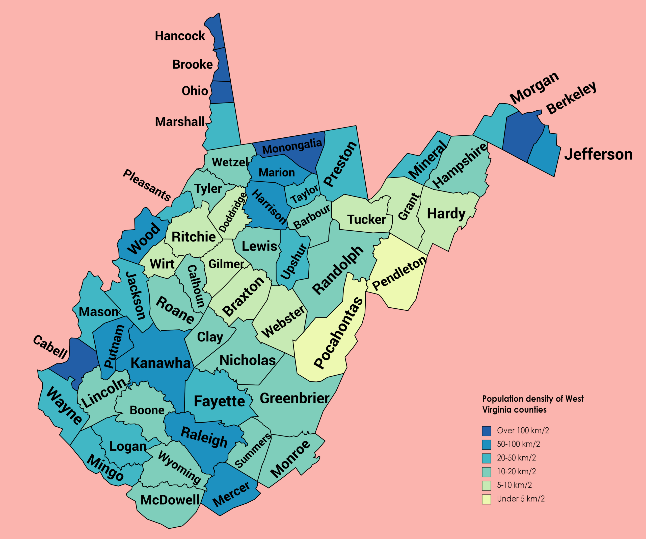 File:population Density Of West Virginia Counties (2020) throughout West Virginia Population Density Map