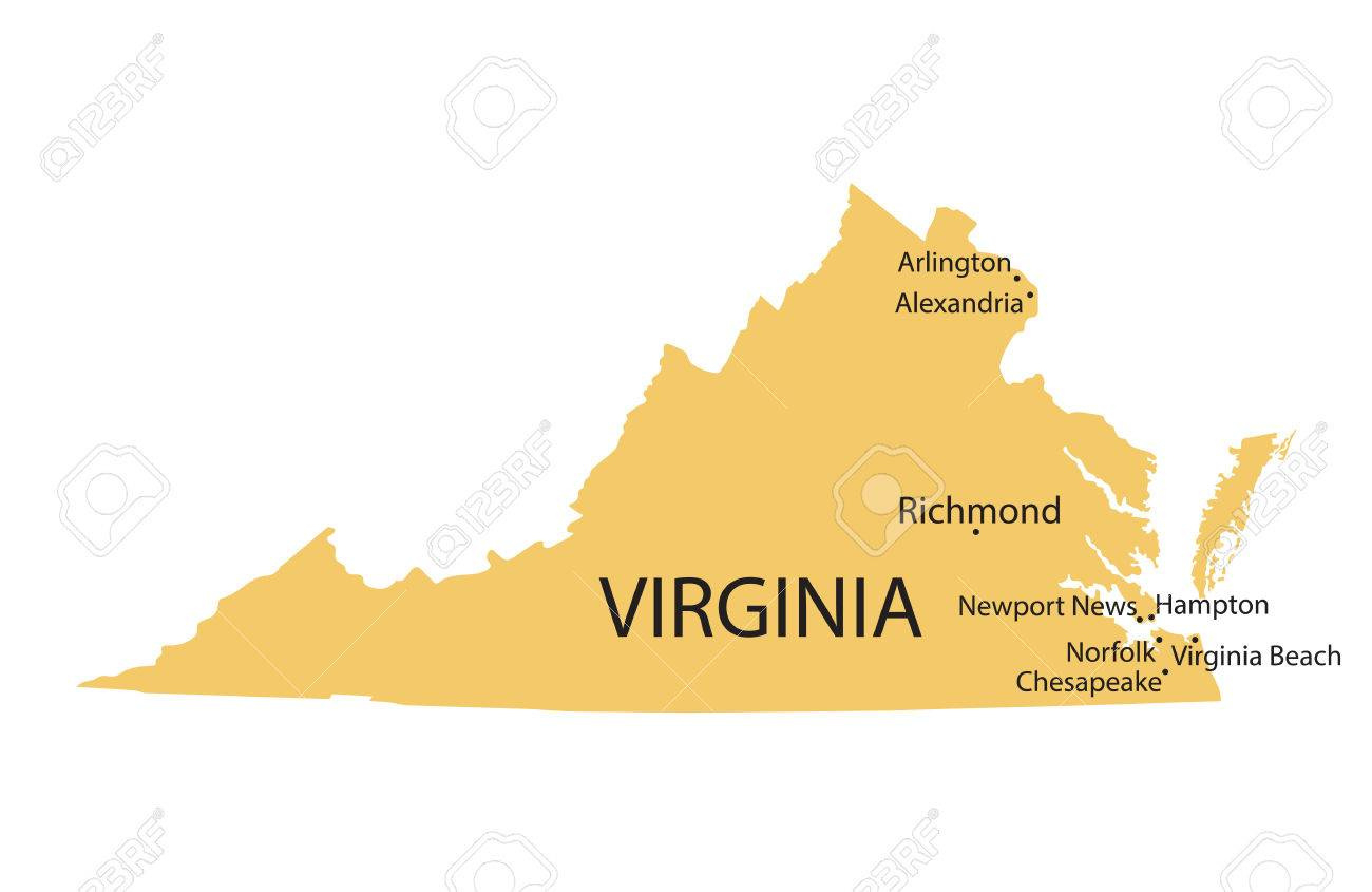 Gelbe Karte Von Virginia Mit Angabe Der Größten Städte Lizenzfrei with Map Of Virginia With Major Cities