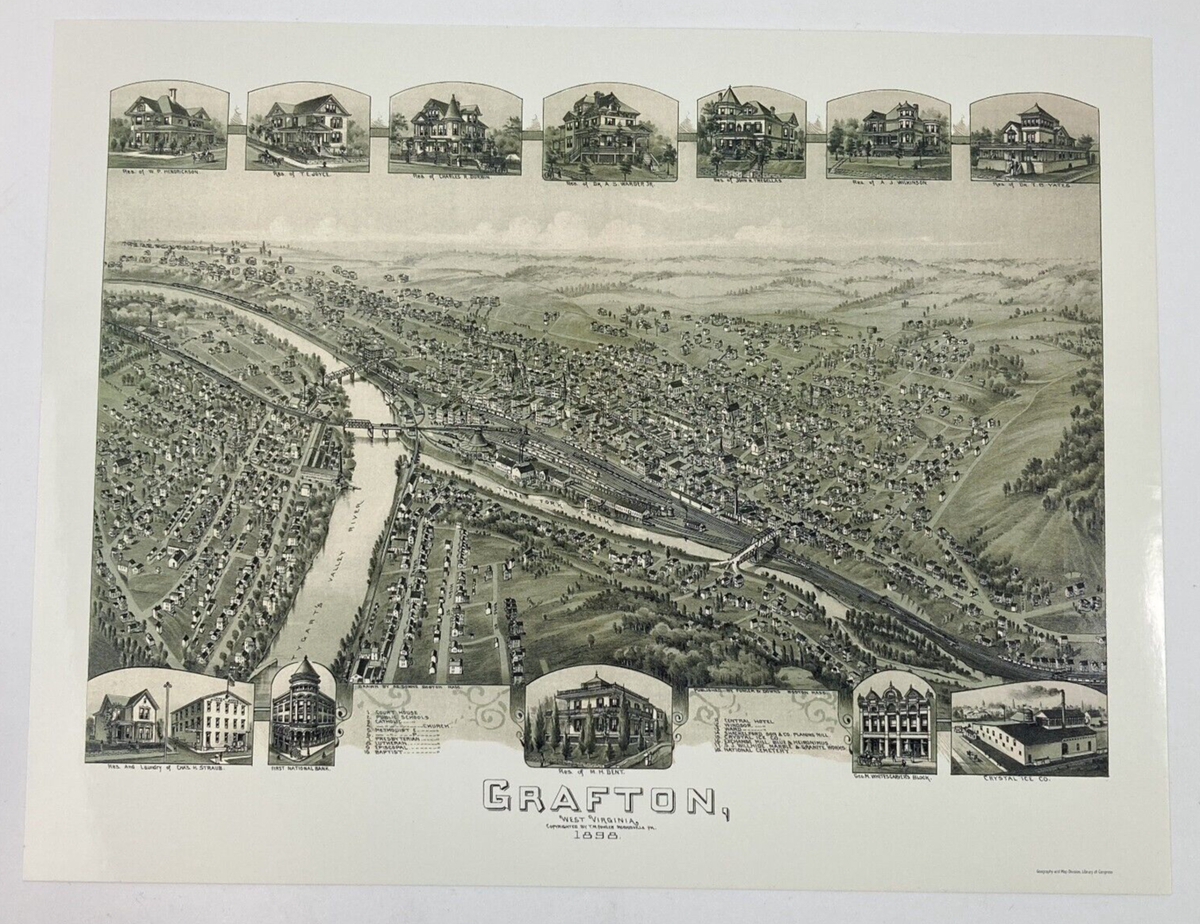 Grafton West Virginia 1898 Historic Panoramic Birdseye Town Map Print 14&amp;quot;X11&amp;quot; for Map of Grafton West Virginia