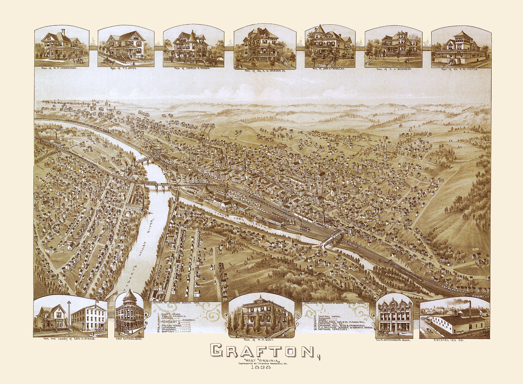 Grafton, West Virginia In 1898- Bird&amp;#039;S Eye View, Aerial, Panorama, Vintage, Antique Map, Reproduction, Giclée, Fine Art, Wall Art inside Map of Grafton West Virginia