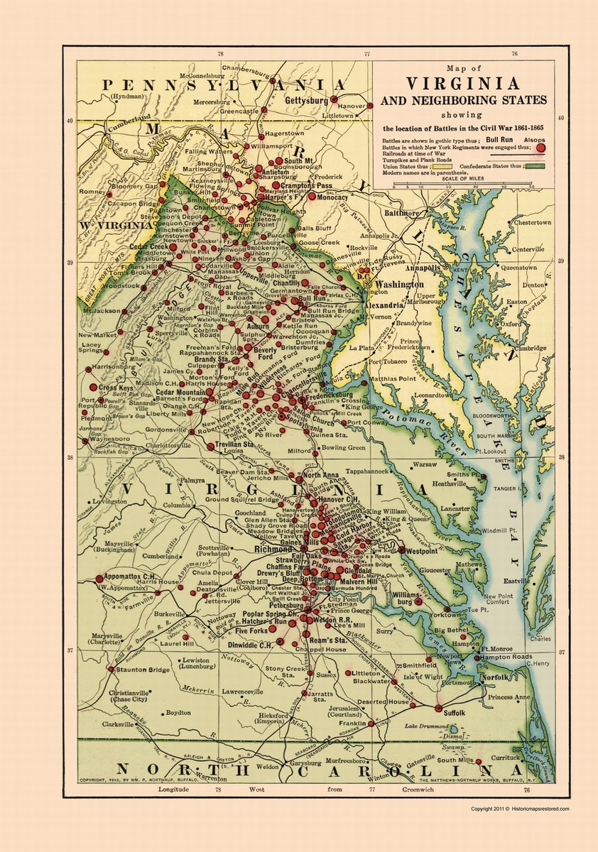 Historical Civil War Map - Virginia Area Battles - Northrup 1912 intended for Map Of Civil War Battlefields In Virginia