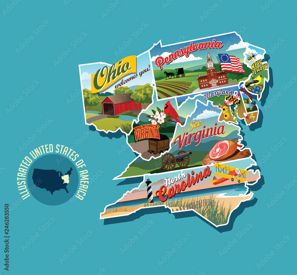Illustrated Pictorial Map Of Eastern United States. Includes inside Map of Pa and West Virginia