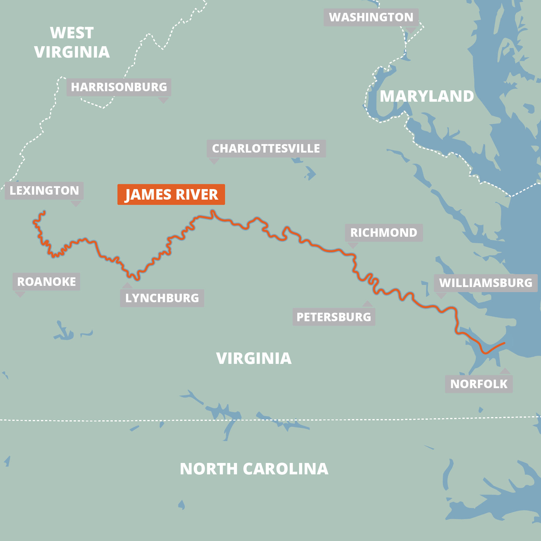 James River | Farout with Map of Rivers in Virginia