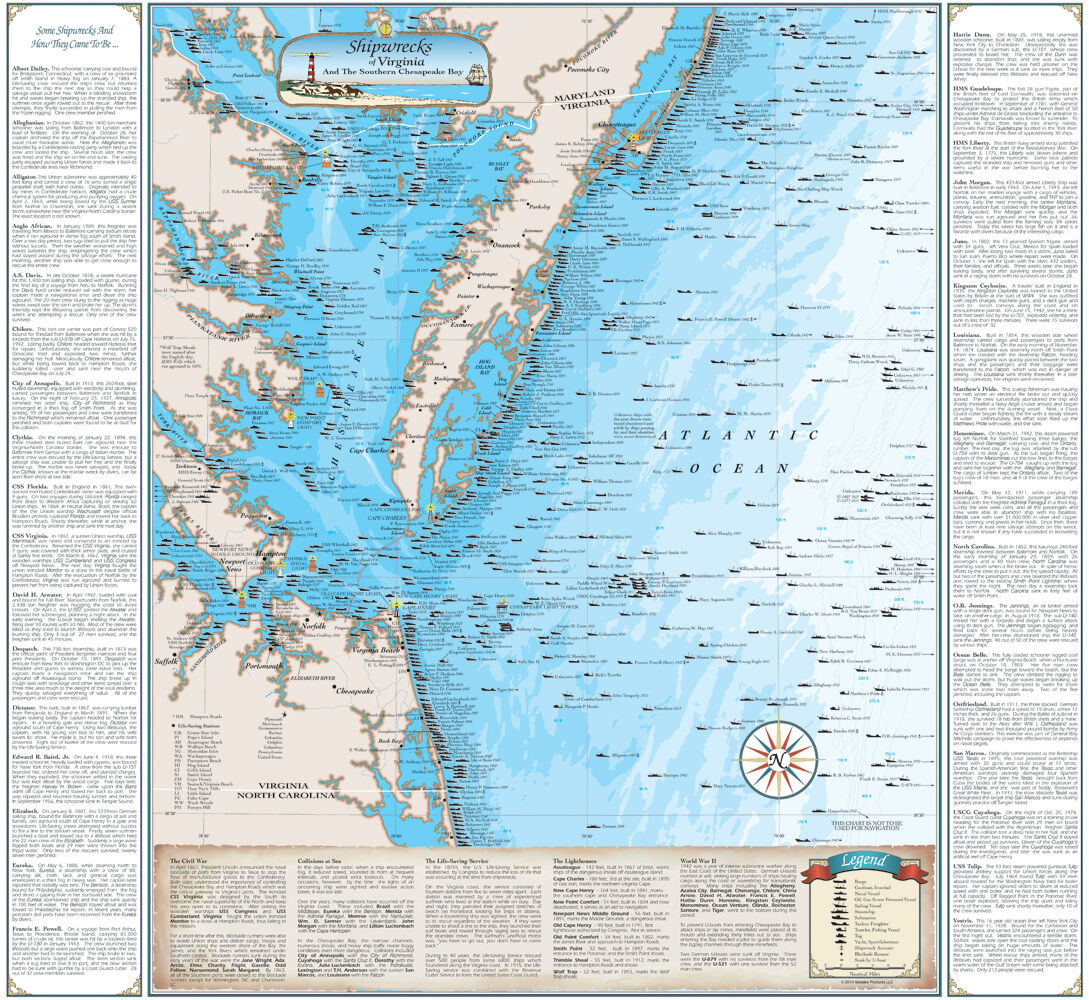 Laminated Virginia Shipwreck Chart - Great Nautical Art Print Map regarding Map of the Coast of Virginia