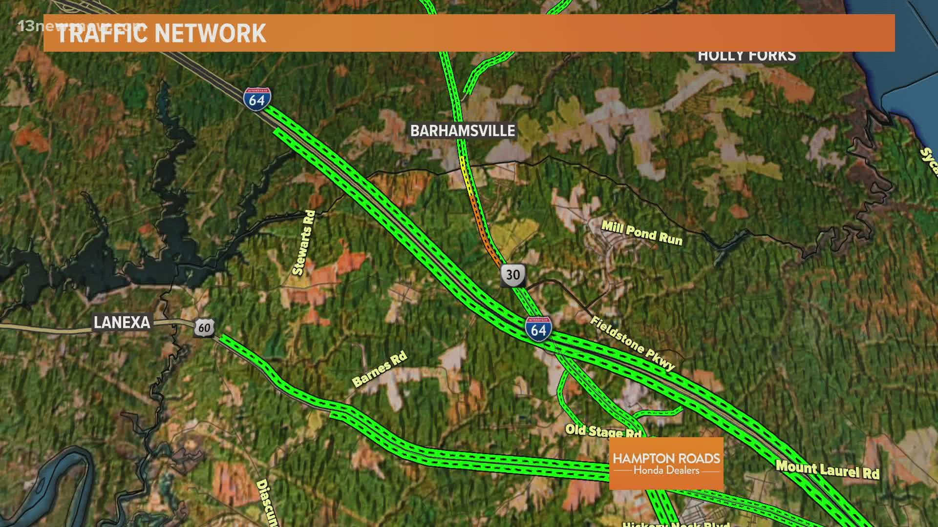 Lane Reopens On I-64 Westbound, Following Vehicle Crash In James City County inside I 64 Traffic Accident Virginia Map