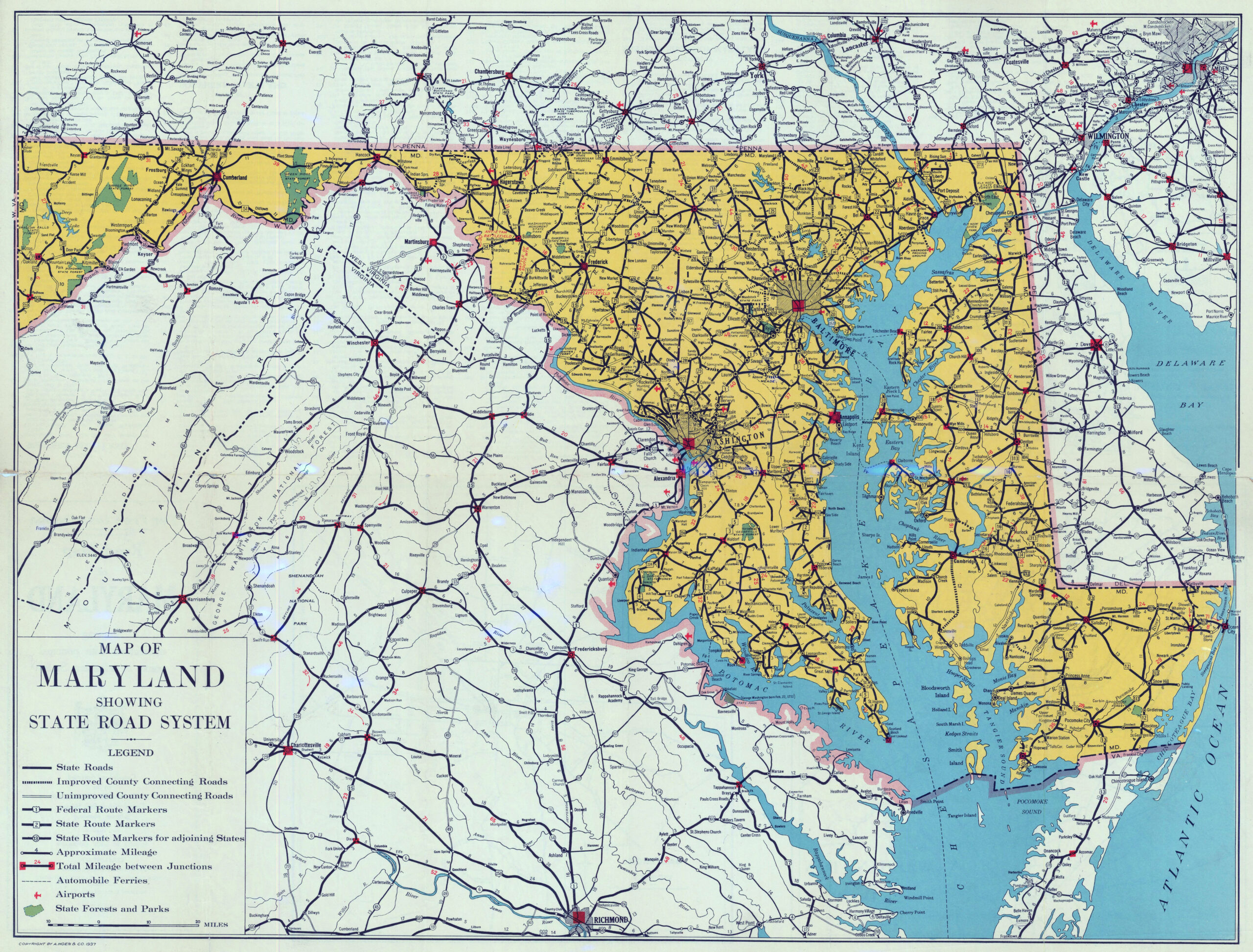 Large Detailed Road Sysytem Map Of Maryland State – 1937 | Vidiani pertaining to Road Map of Maryland and Virginia