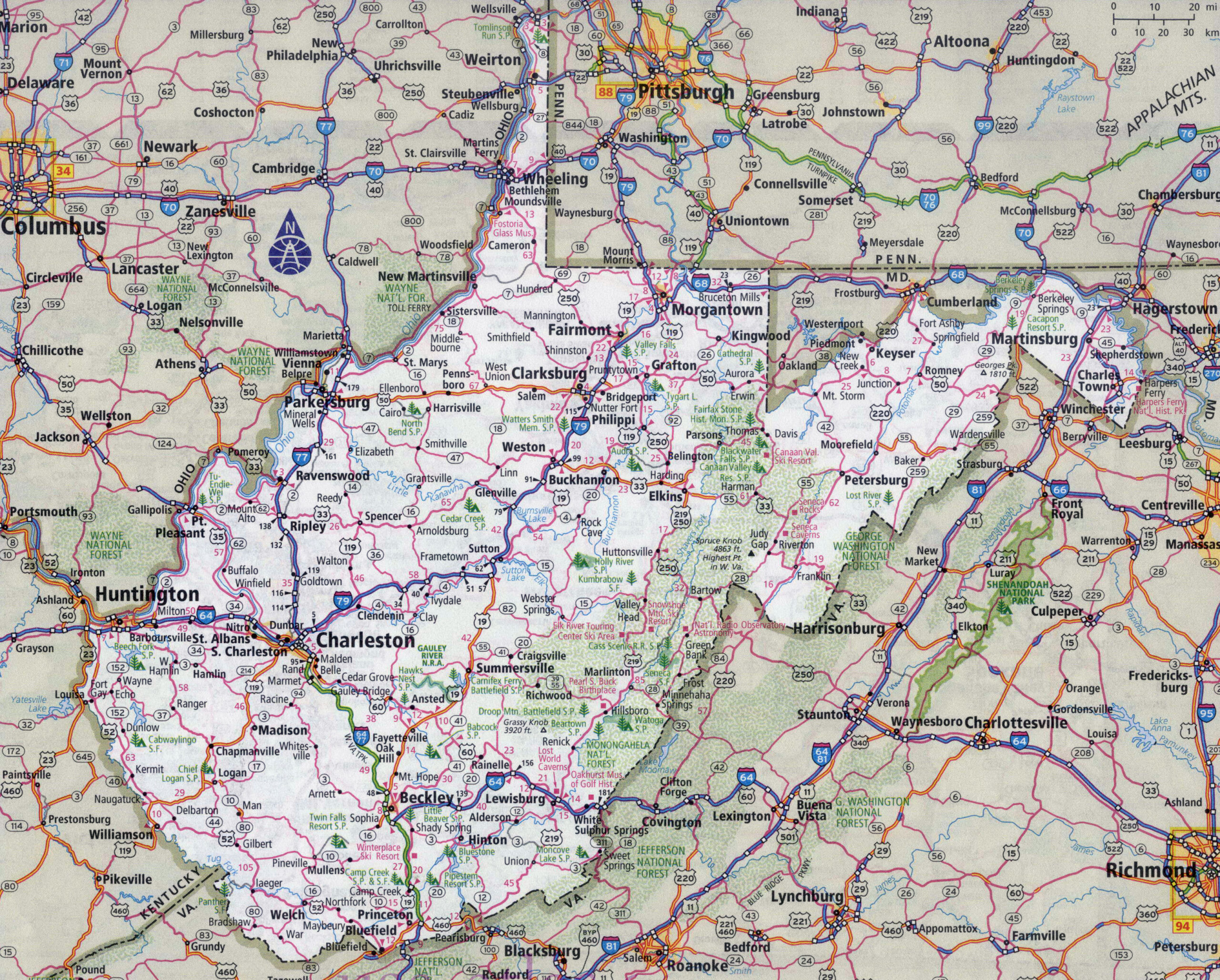 Large Detailed Roads And Highways Map Of Virginia And West for Map Virginia and West Virginia