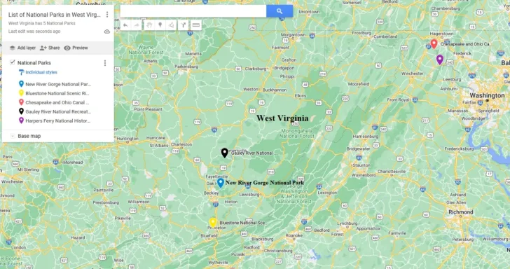 National Parks in West Virginia Map