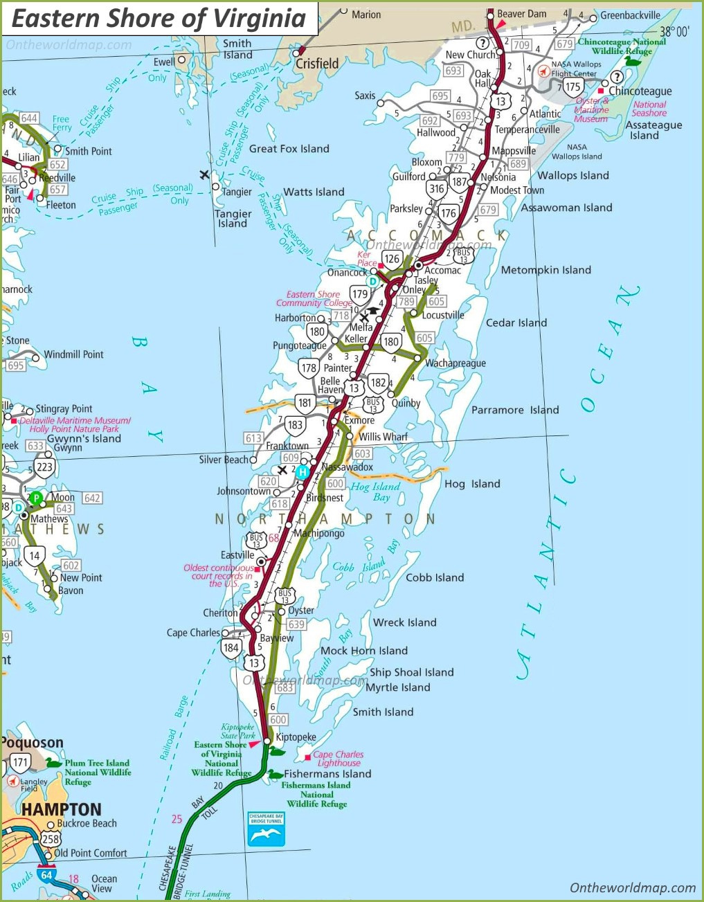 Map Of Eastern Shore Of Virginia - Ontheworldmap throughout Map Of The Eastern Shore Of Virginia
