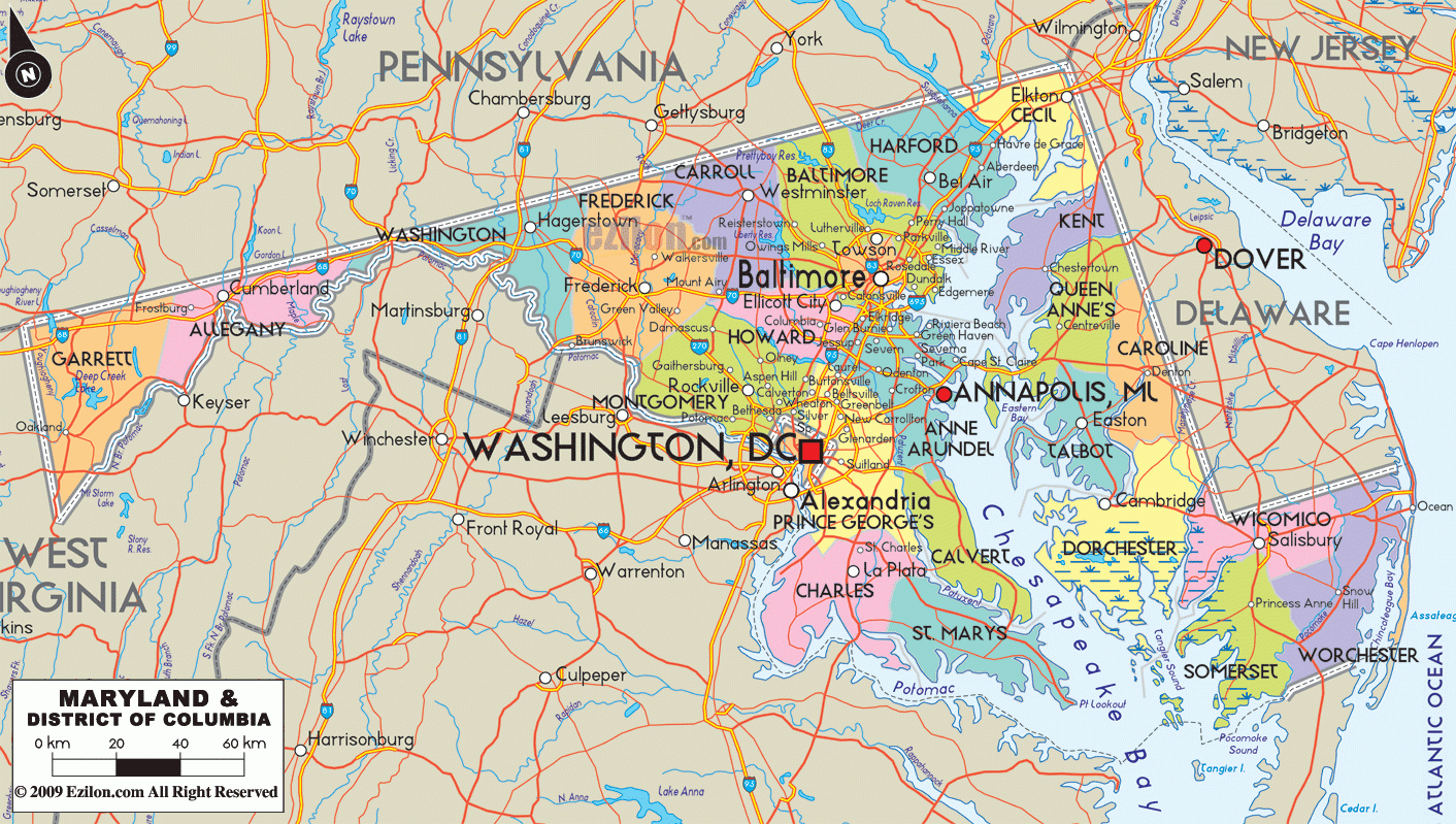 Map Of Maryland - Maryland Map With Cities, Counties And Roads within Road Map of Maryland and Virginia