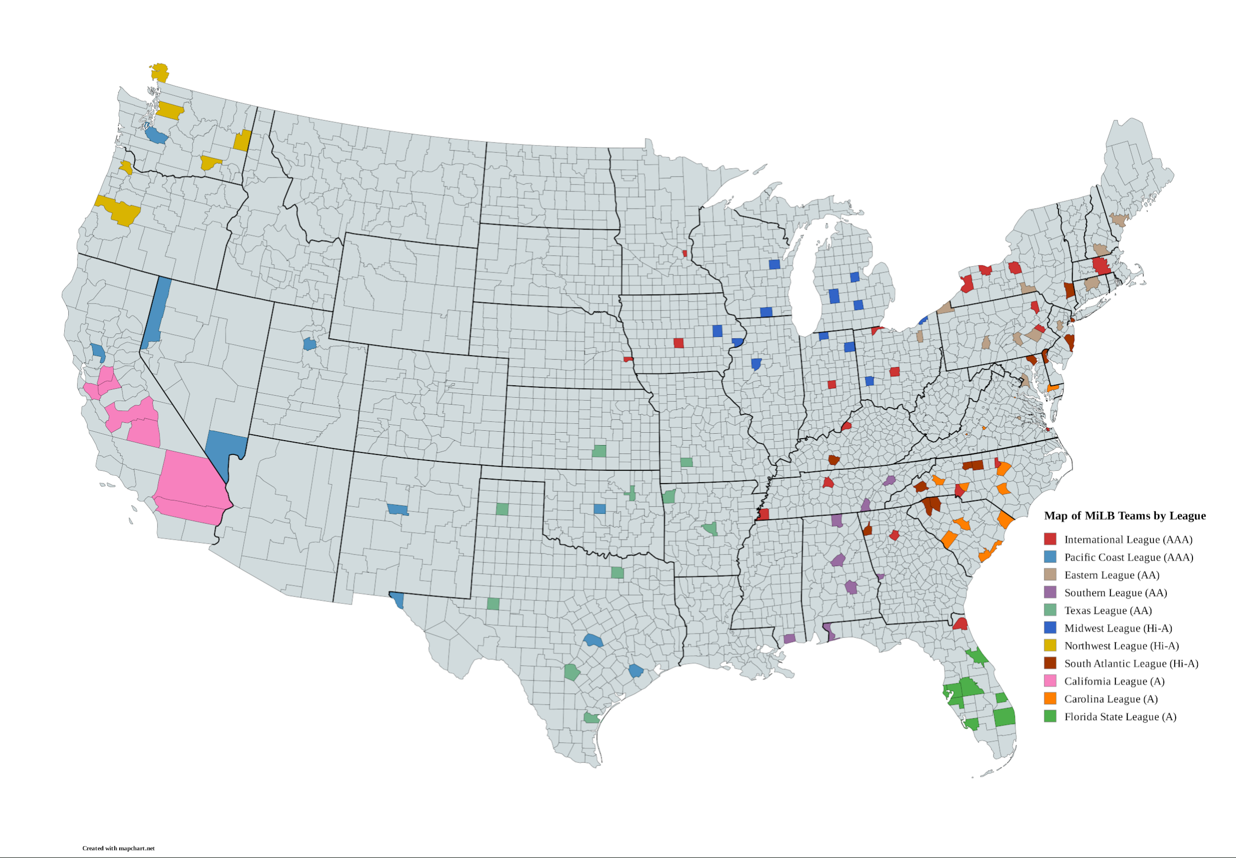 Map Of Minor League Baseball Teamscounty (Mapchart) : R/Mapporn in Minor League Baseball Teams In Virginia Map