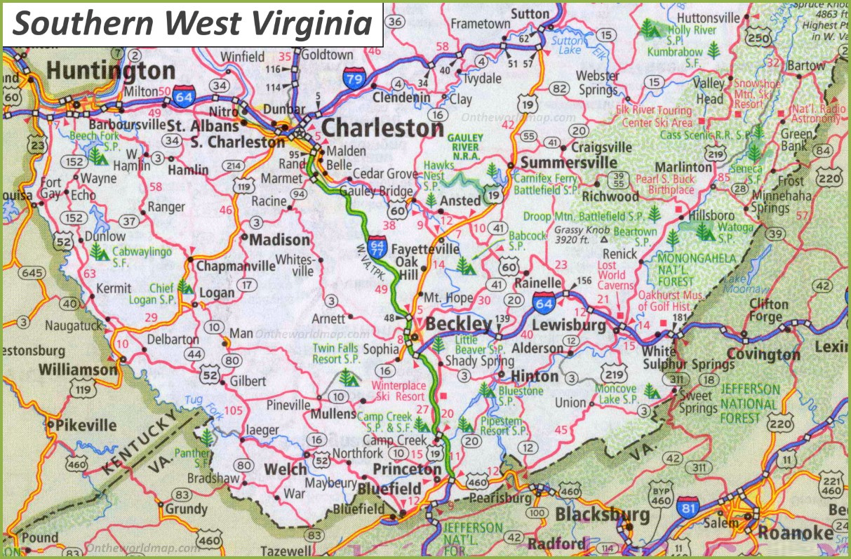 Map Of Southern West Virginia - Ontheworldmap intended for Map of Southern West Virginia