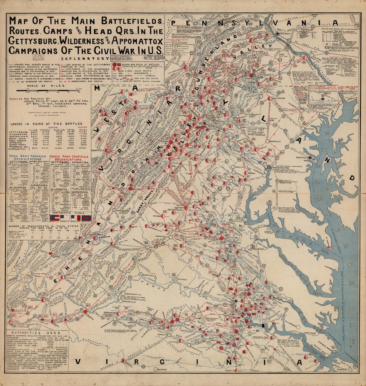 Map Of The Main Battlefields, Routes, Camps And Head Qrs., In The with regard to Virginia Civil War Battlefields Map