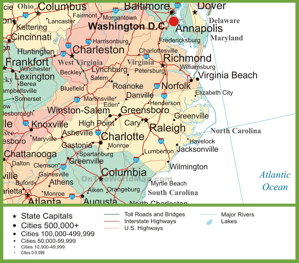 Map Of Virginia And North Carolina - Ontheworldmap pertaining to Virginia North Carolina Road Map
