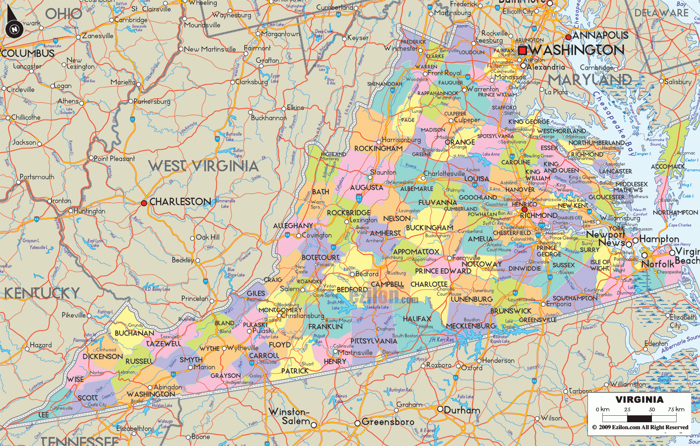 Map Of Virginia - Detailed Virginia Map With Cities, Counties And inside County Map of Virginia and Maryland