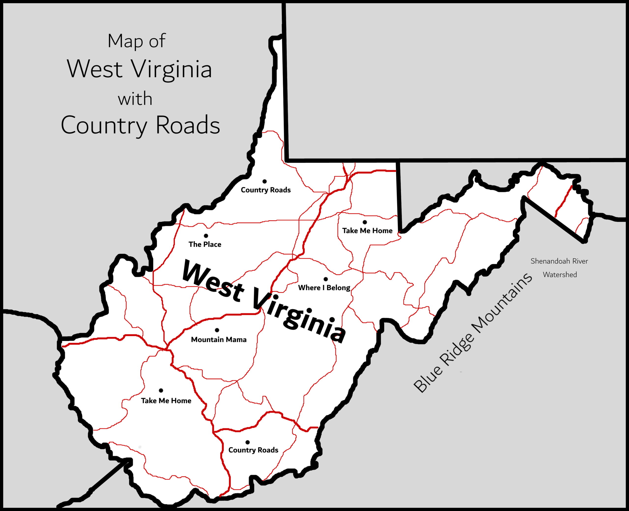 Map Of West Virginia With Country Roads : R/Imaginarymaps with regard to Shenandoah River West Virginia Map