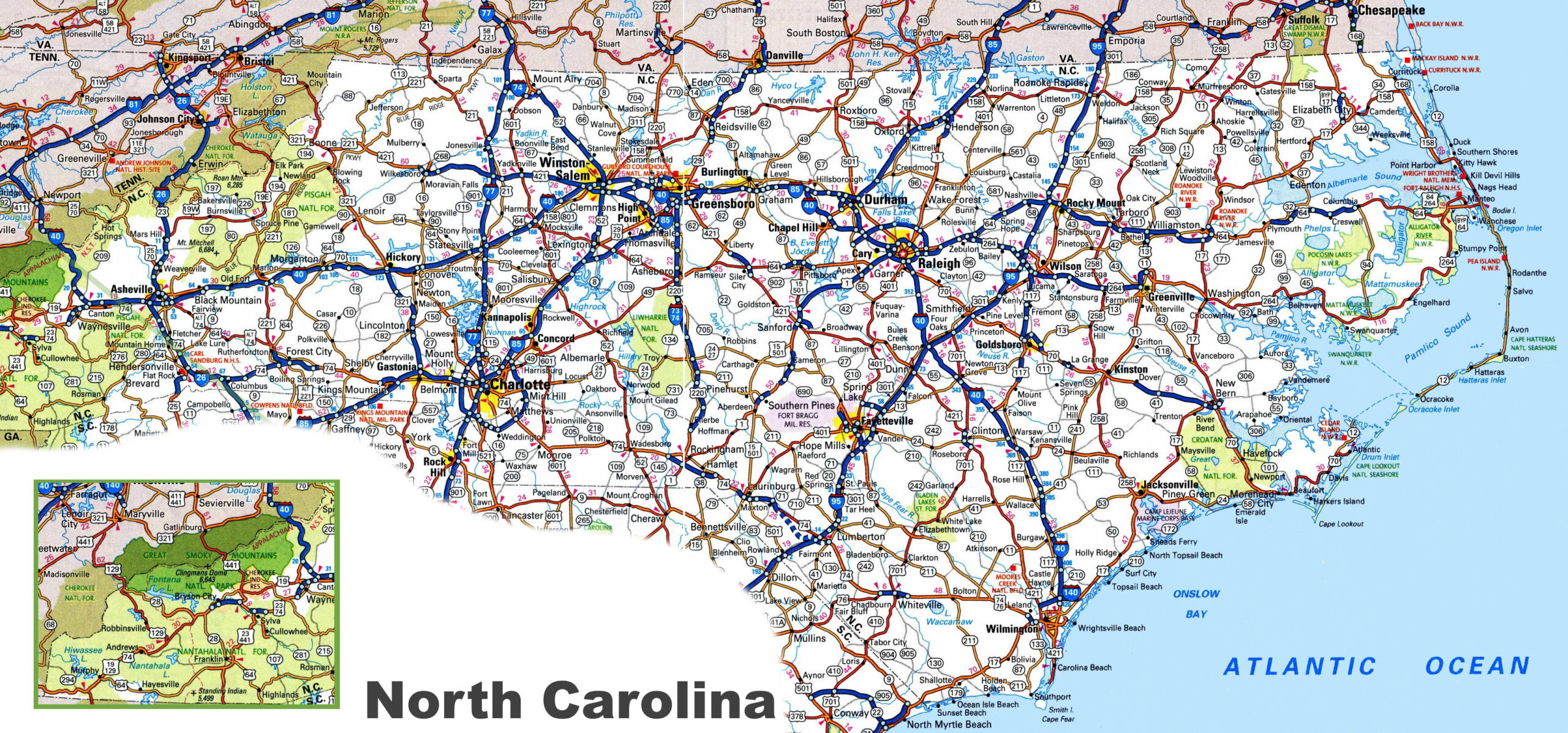 North Carolina Road Map - Ontheworldmap for Virginia North Carolina Road Map