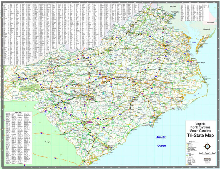 Map of Virginia and North Carolina with Cities