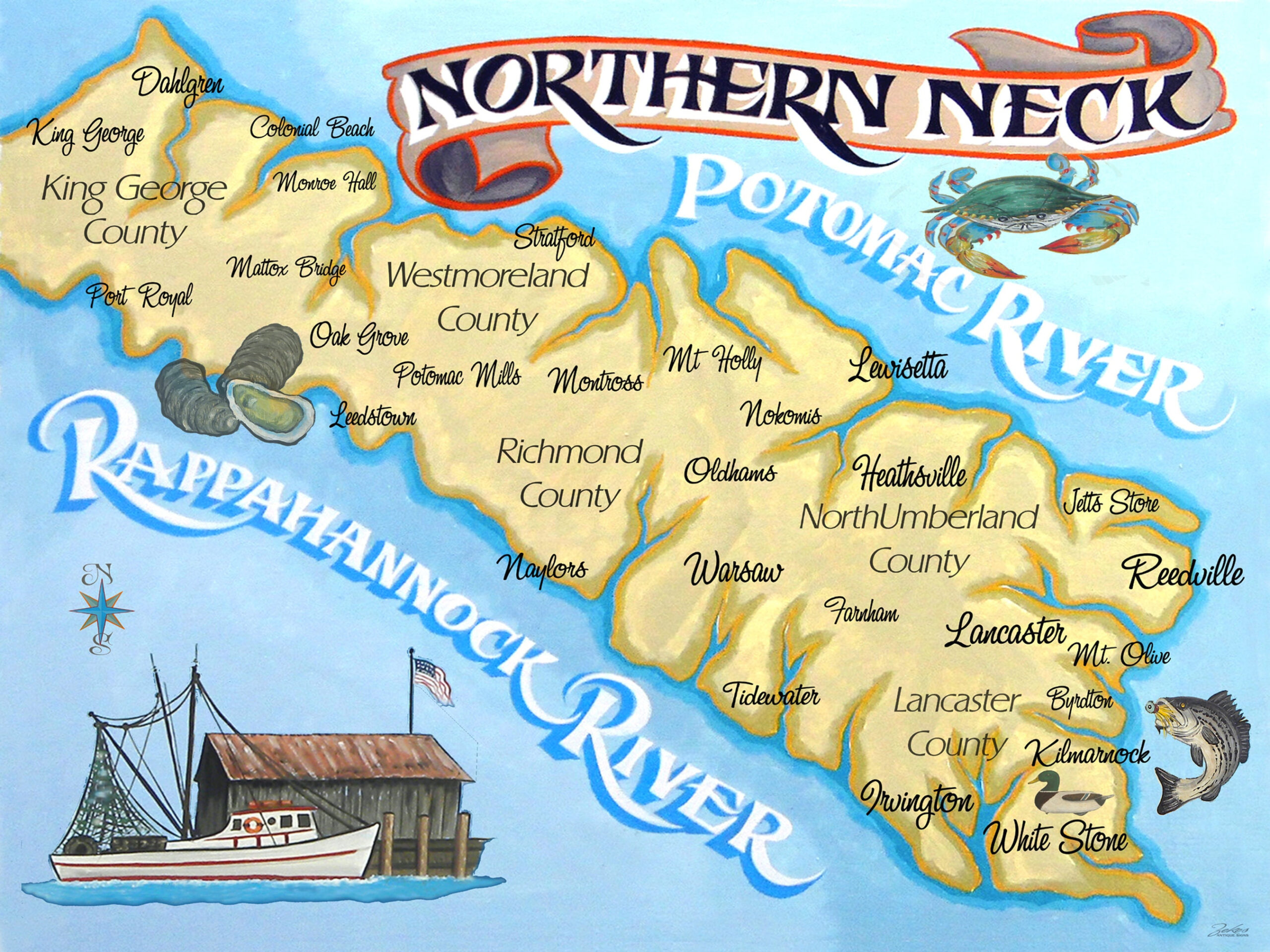 Northern Neck Of Virginia Print | Retro Map Art Print | Beach for Map of Virginia Northern Neck