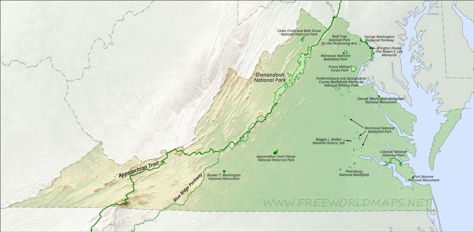 Physical Map Of Virginia in Physical Map of Virginia State