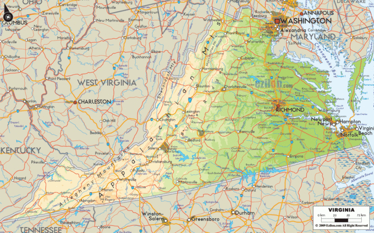 Physical Map of Virginia State