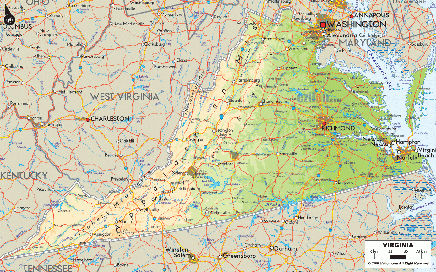Physical Map Of Virginia State Usa - Ezilon Maps throughout Physical Map of Virginia State