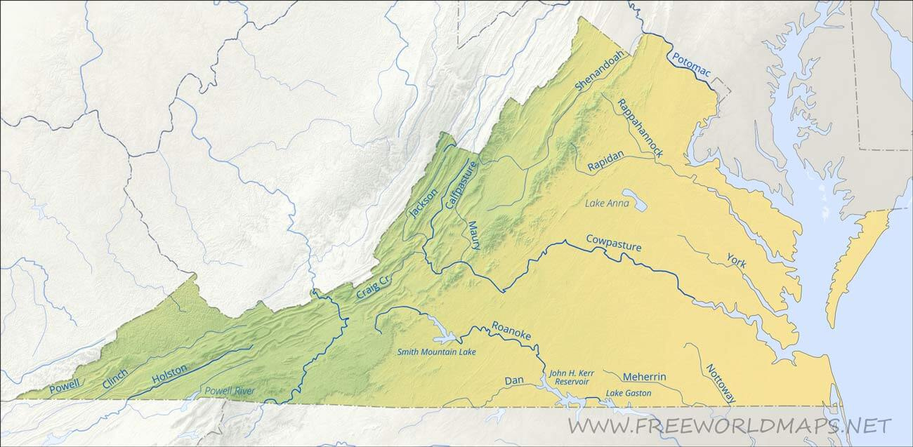 Physical Map Of Virginia with regard to Map of Rivers in Virginia