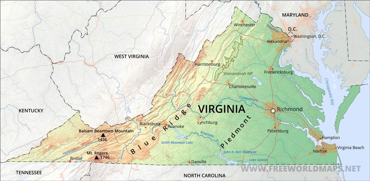 Physical Map Of Virginia within Map Of Mountains In Virginia