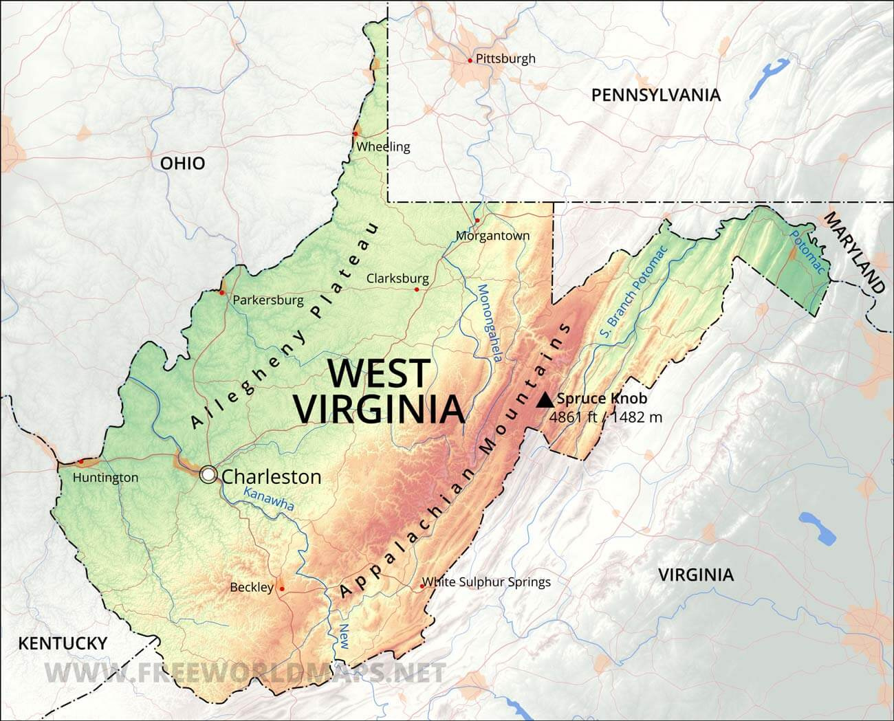Physical Map Of West Virginia in Geographical Map of West Virginia