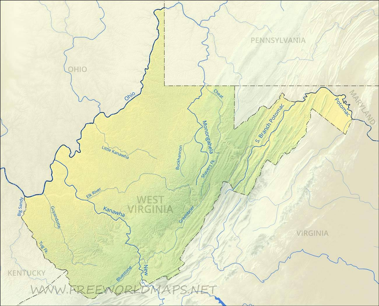 Physical Map Of West Virginia regarding River Map of West Virginia