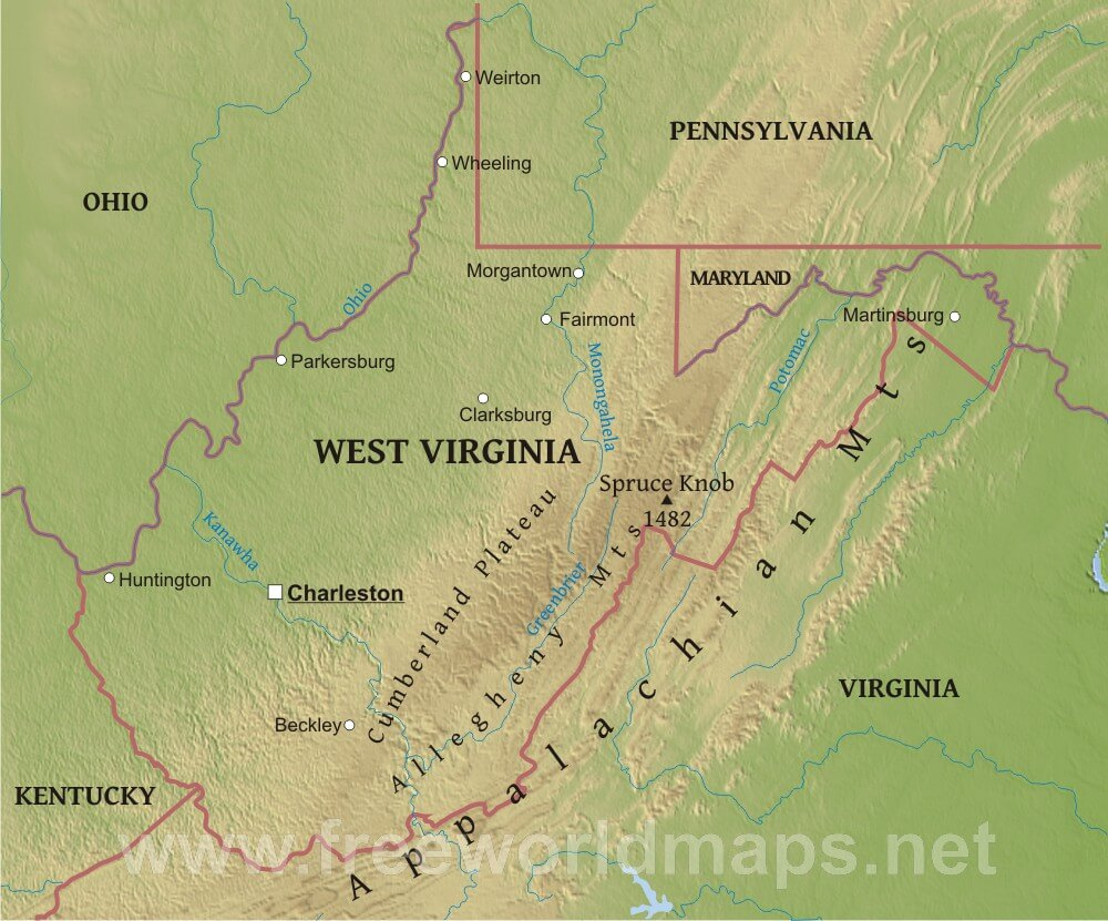 Physical Map Of West Virginia within Kentucky West Virginia Border Map