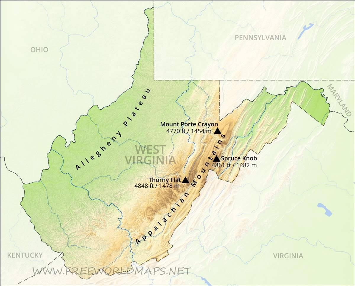 Physical Map Of West Virginia within Spruce Knob West Virginia Map