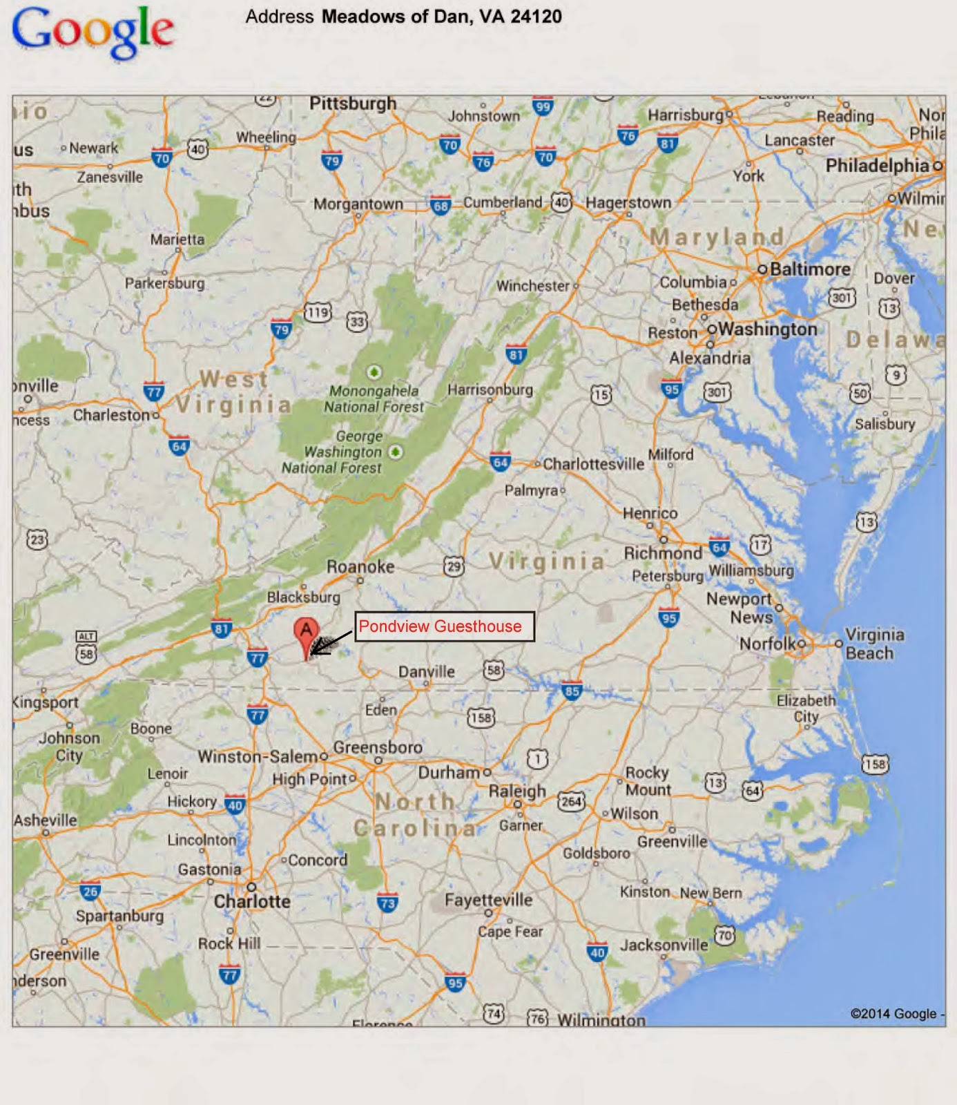 Pondview Guesthouse: Location And Directions intended for Meadows of Dan Virginia Map