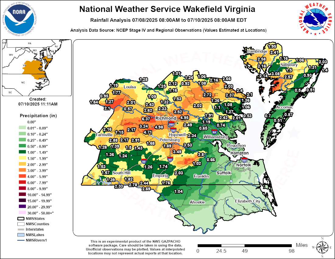 Rain Totals July 8-10, 2025 inside Louisa County Virginia Gis Map