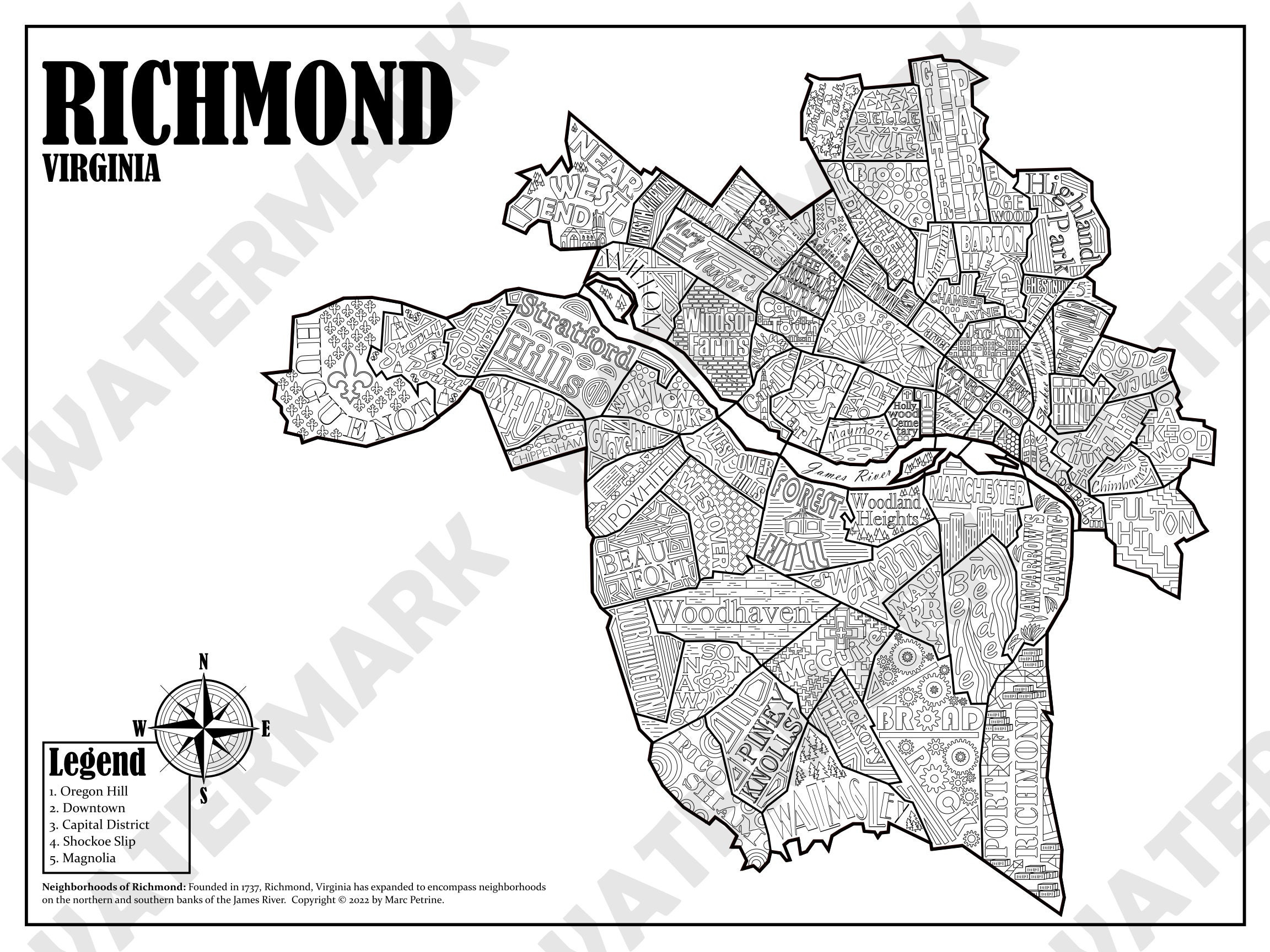 Richmond, Virginia Neighborhoods Map - Etsy.de for Map Of Richmond Virginia Usa
