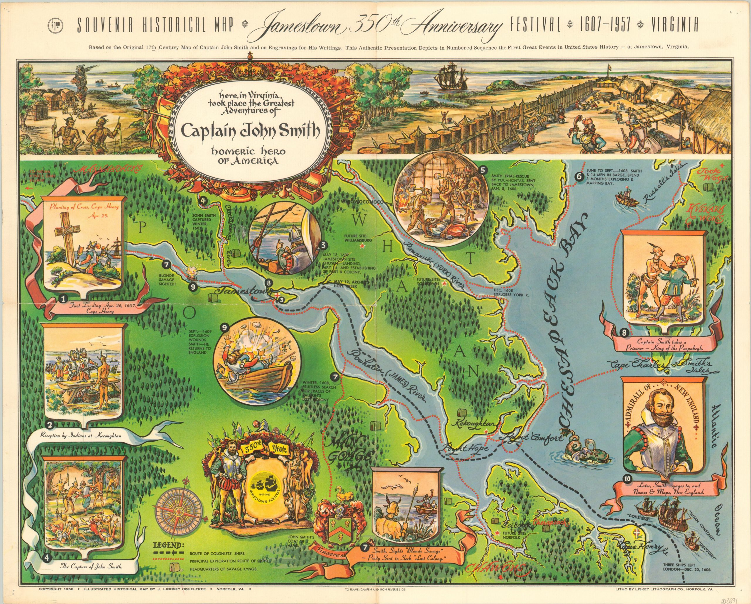 Souvenir Historical Map Jamestown 350Th with Jamestown Virginia On A Map