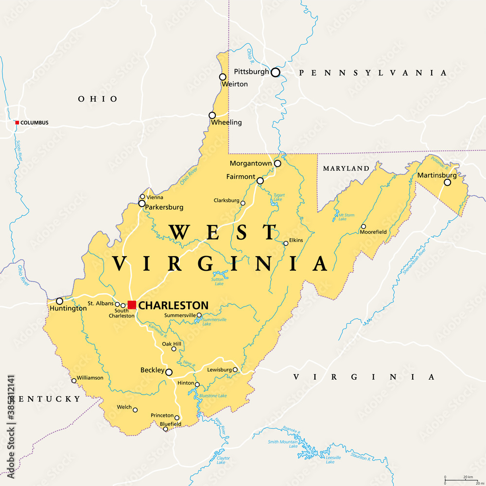 Stock-Vektorgrafik „West Virginia, Wv, Political Map. State In The throughout State Map Of West Virginia