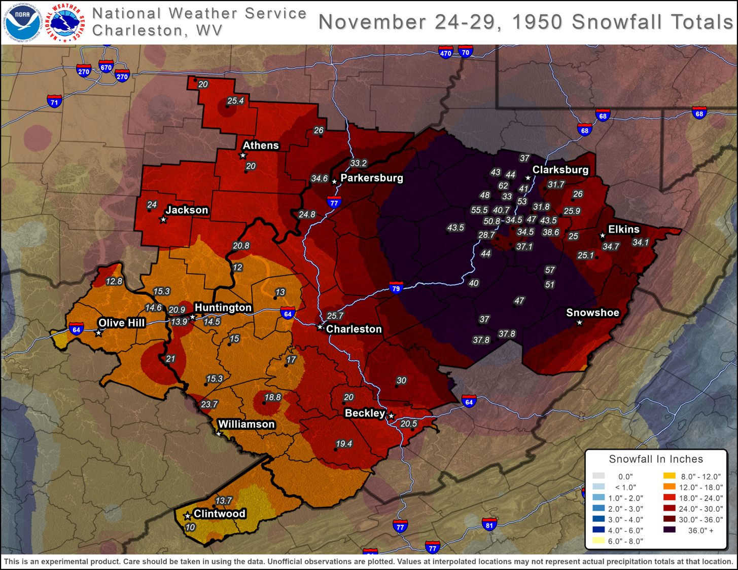 Top Snow Storms within West Virginia Snowfall Map