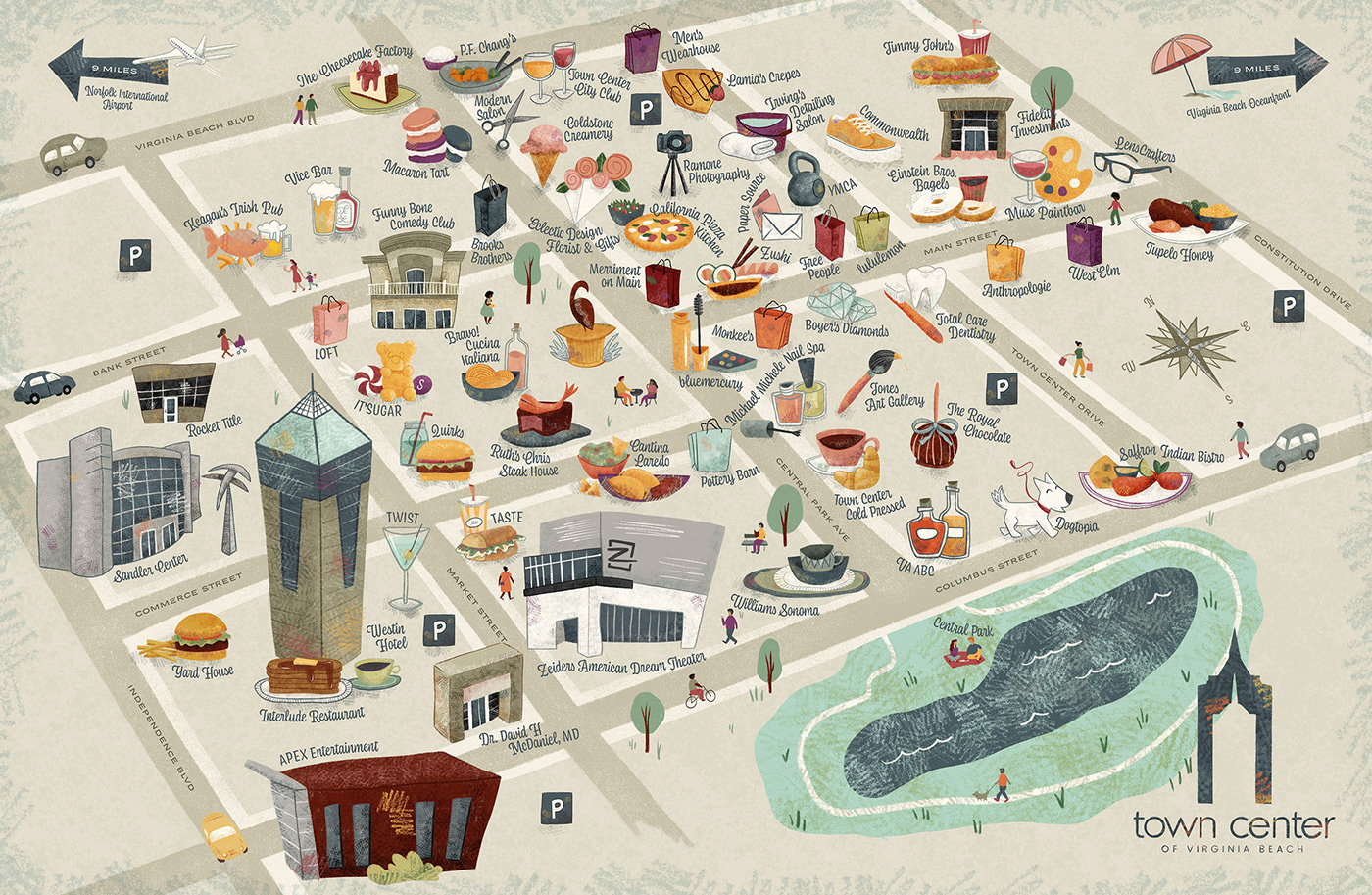 Town Center Va Beach | Illustrated Map &amp;amp; Visitors Guide (3 intended for Virginia Beach Town Center Map